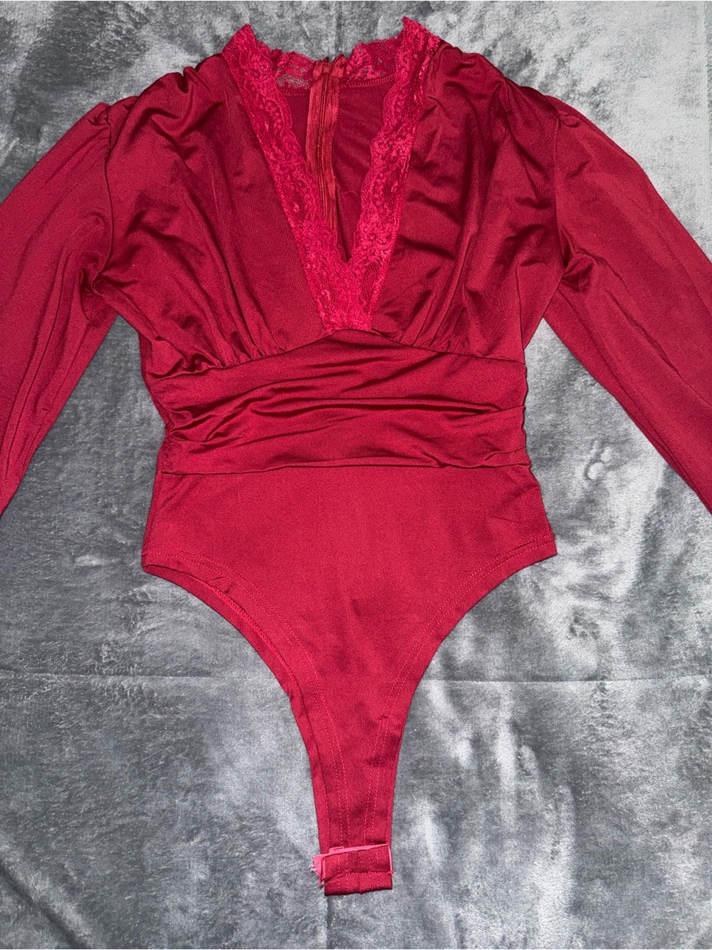 Red Lace Trim Long Sleeve Bodysuit